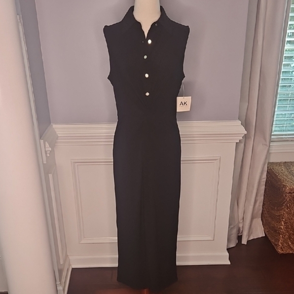 Anne Klein Black Sleeveless Jersey Midi Dress with Button and Twist Detail - Picture 1 of 12